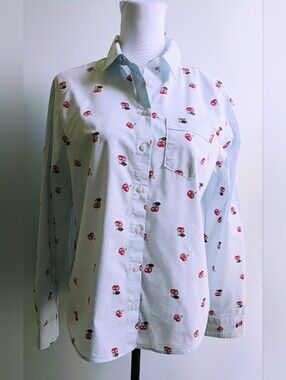 Banana Republic Pale Blue Quinn Boy Fit Cherry Print Button Down Blouse Size M